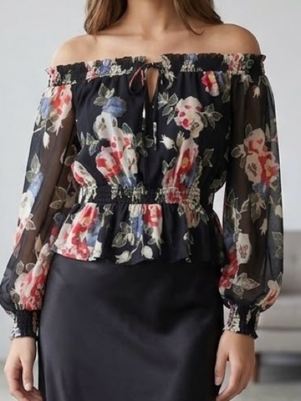 White House Black Market Black Off-Shoulder Floral Peplum Blouse